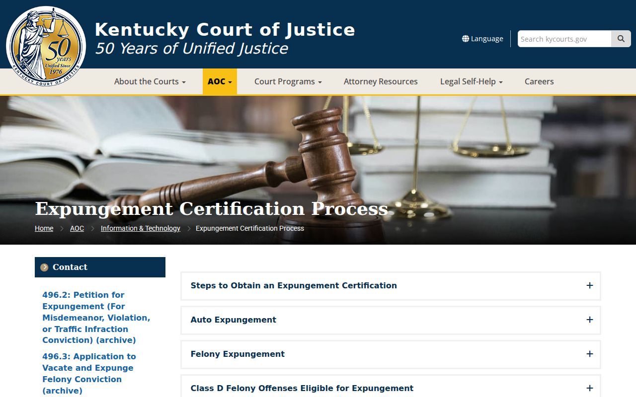 Kentucky Court of Justice expungement certification and filing information for Magoffin cases
