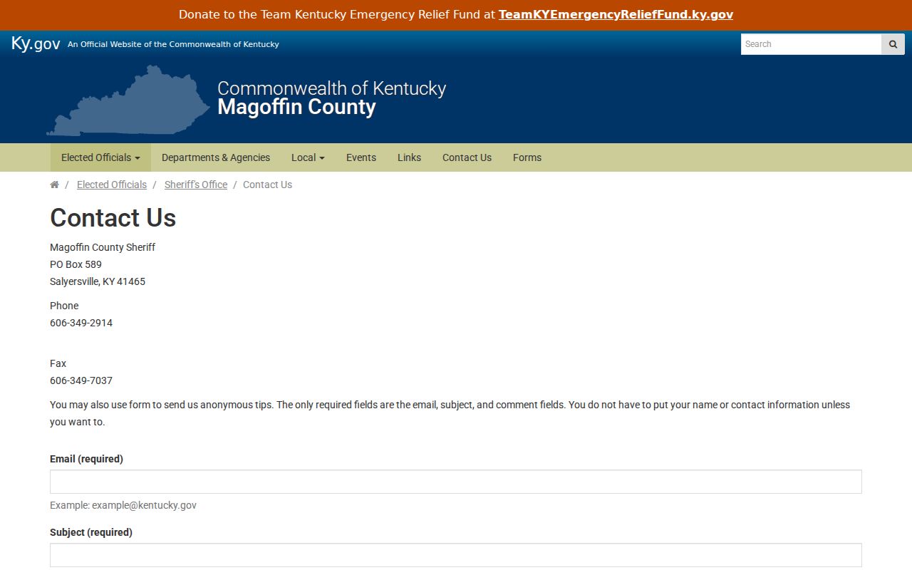 Magoffin County sheriff criminal records contact page